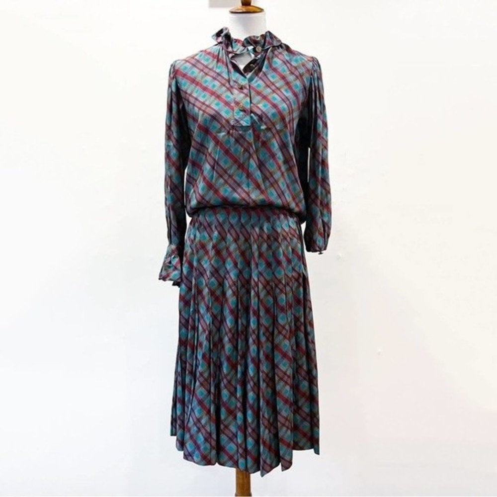 Saint Laurent Rive Gauche Vintage Crosshatch Plaid Silk Pleated Skirt EU 38